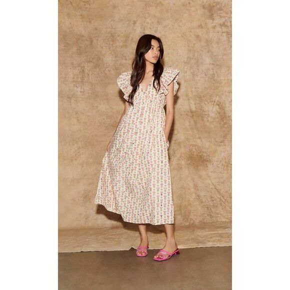 Saylor Anthropologie Floral Darya Maxi Dress Printed Cotton Lace Ruffle S 282025 - Picture 1 of 8